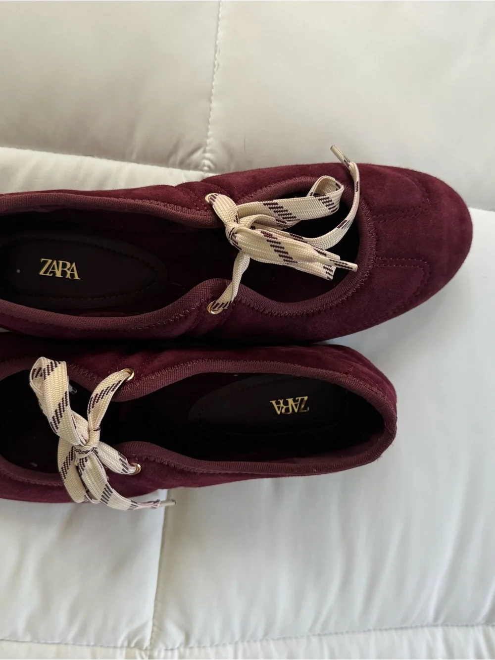 Zara Burgundy faux Suede Ballet Flat with Striped Bow